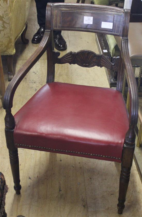 Regency mahogany open armchair, with brass line inlaid top rail